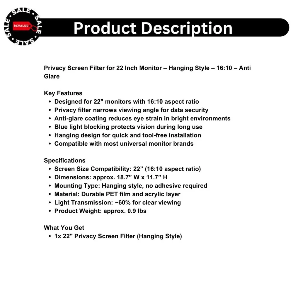 Privacy Screen Filter for 22 Inch Monitor – Hanging Style – 16:10‎ – Anti Glare